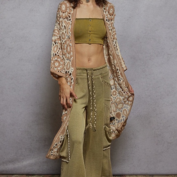 New POL Women's Brown Boho Crochet Knit One Size Open Front Duster Cardigan OS - Picture 3 of 8